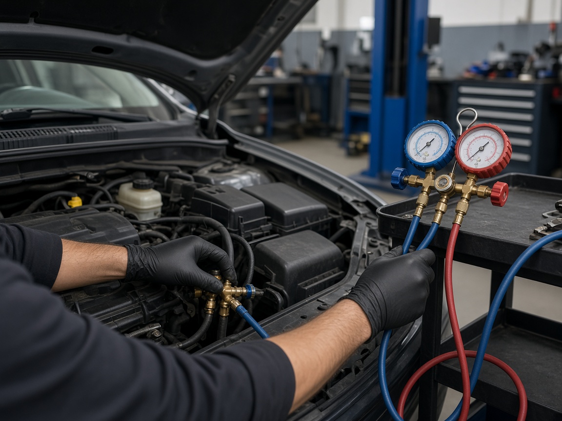 Air conditioning recharge gauges connected to a vehicle