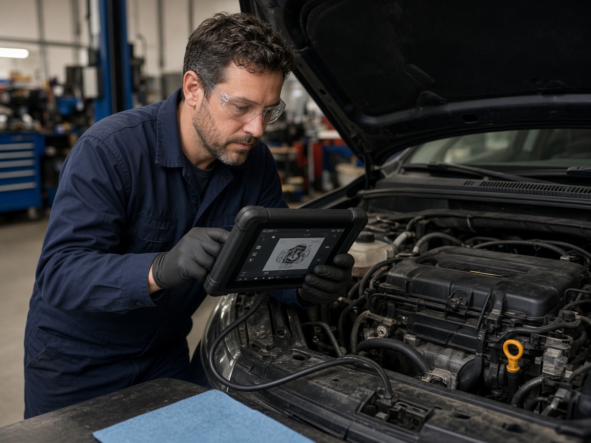 Technician running diagnostics under the hood