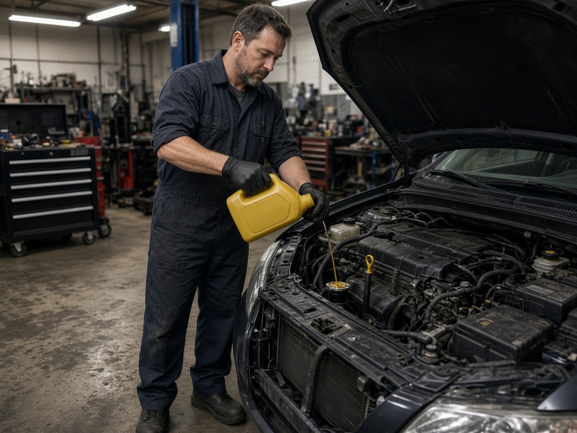 Technician standing at the engine bay doing an oil change
